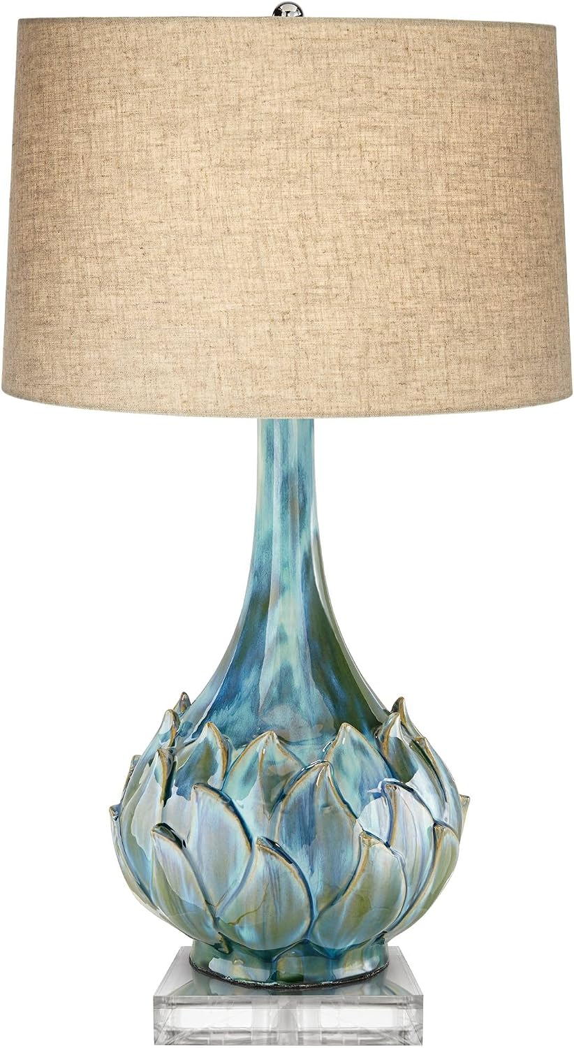 Possini Euro Design Kenya Modern Tropical Table Lamp with Riser 31' Tall Blue Green Ceramic Beige Linen Drum Shade for Living Room Bedroom House Bedside Home Office Entryway (Color May Vary)