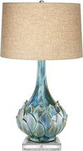 Possini Euro Design Kenya Modern Tropical Table Lamp with Riser 31' Tall Blue Green Ceramic Beige Linen Drum Shade for Living Room Bedroom House Bedside Home Office Entryway (Color May Vary)
