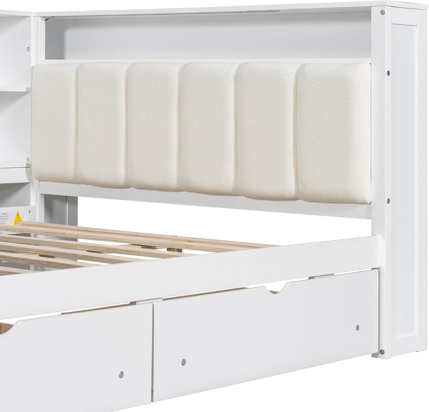 Wood Full Size Daybed with Storage Shelves and Desk, L-Shaped Corner Platform Bed Frame with Upholstered Headboard and 2 Drawers for Office Living Room Bedroom, Space-saving (White-7.16, Full)
