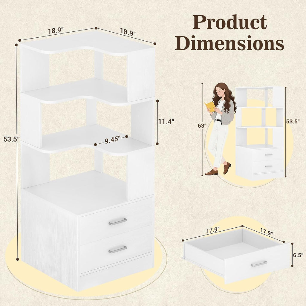 Armocity Corner Bookshelf with Drawers, 6 Tier Corner Book Shelf Display Bookcase, Freestanding L Shaped Bookshelf for Bedroom, Living Room, Home Office, White