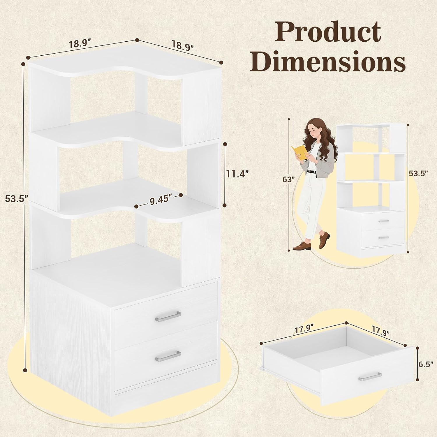 Armocity Corner Bookshelf with Drawers, 6 Tier Corner Book Shelf Display Bookcase, Freestanding L Shaped Bookshelf for Bedroom, Living Room, Home Office, White