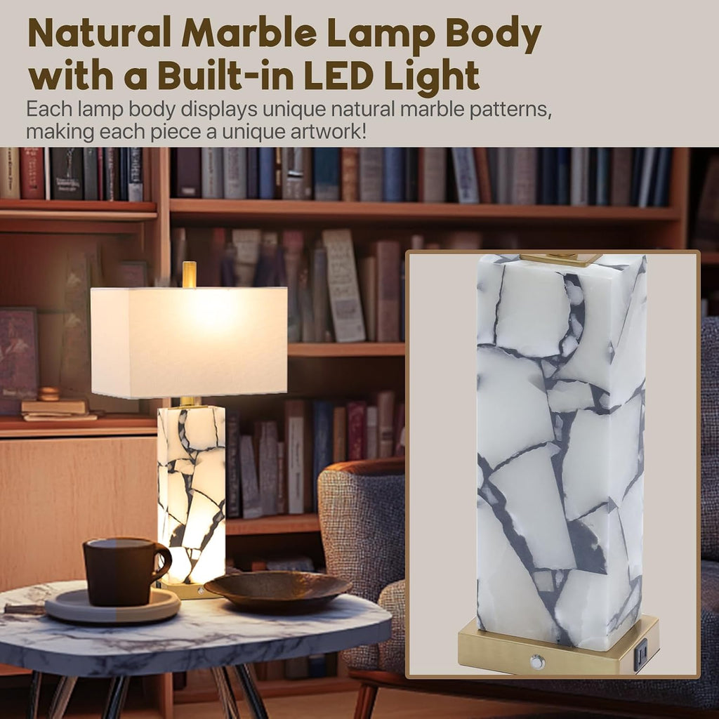 Natural Marble Table Lamps Set of 2: 3-Color Temperatures Alabaster Lamp with Nightlight, Bedside lamps with USB Ports, Bedroom Lamps for Night Stands End Table lamps for Living Room, Bulbs Included