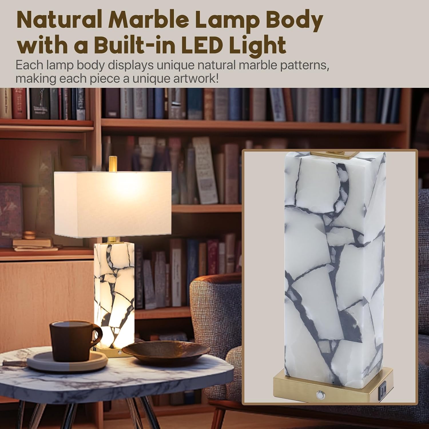 Natural Marble Table Lamps Set of 2: 3-Color Temperatures Alabaster Lamp with Nightlight, Bedside lamps with USB Ports, Bedroom Lamps for Night Stands End Table lamps for Living Room, Bulbs Included