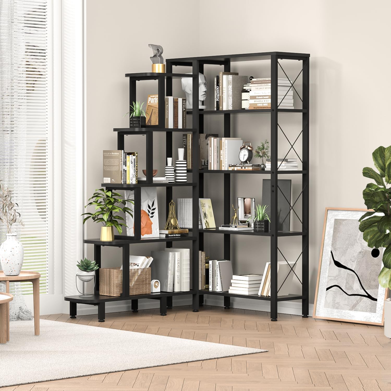 Corner Bookshelf Bookcase, Large Reversible 5 Tier Ladder Shelves Storage Display Rack with Metal Frame, Industrial Home Office Furniture for Living Room Bedroom, Black
