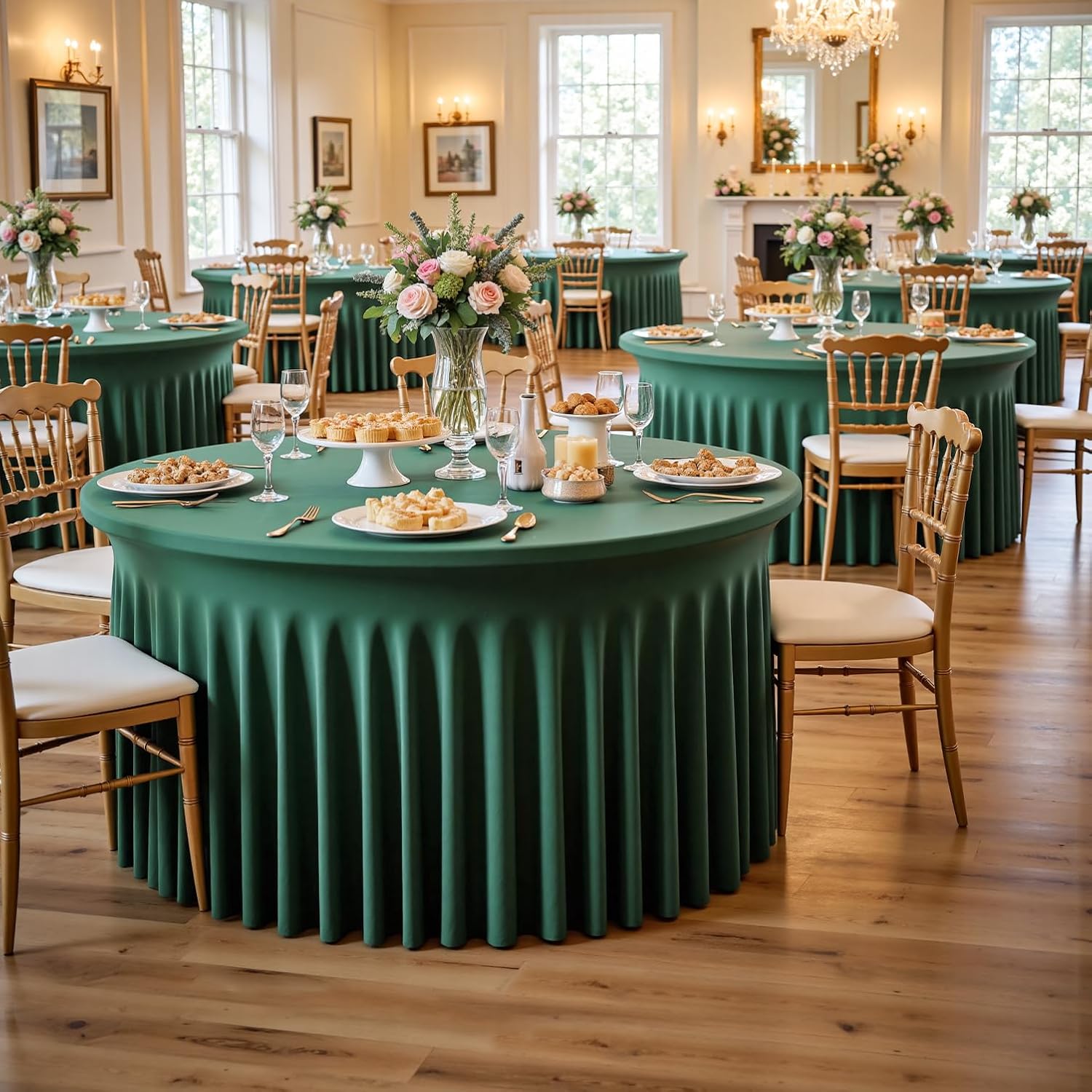 leegleri 6 Pack Spandex Hunter Green 72Inch Round Tablecloths, Stretchy 132inch Fitted 6FT Round Table Cloths, Wrinkle Free Table Cover with Skirt for Wedding Birthday Party Bridal Shower Banquet
