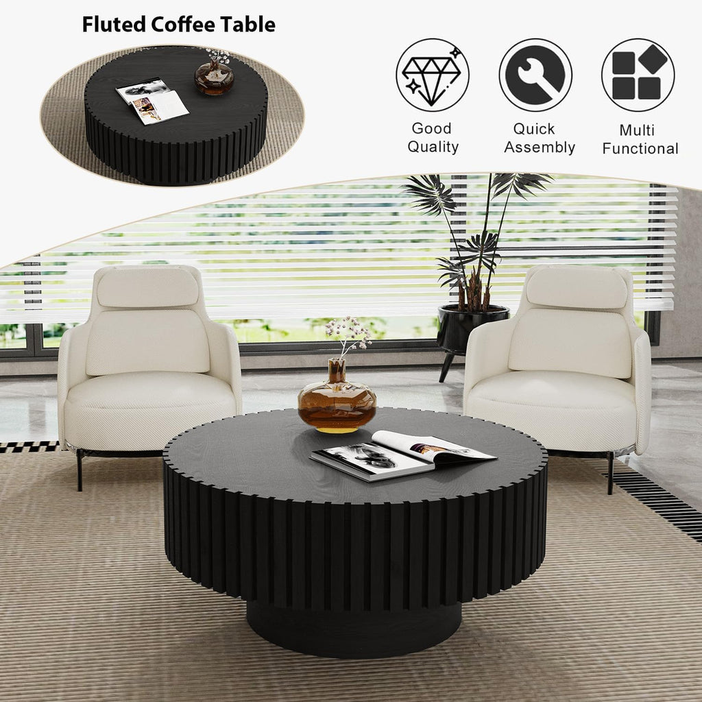Round Fluted Coffee Table Mid Century Modern Coffee Tables with Handcrafted Relief Circle Drum End Table Rustic Industrial Center Tables for Apartment Living Room (Black Round)