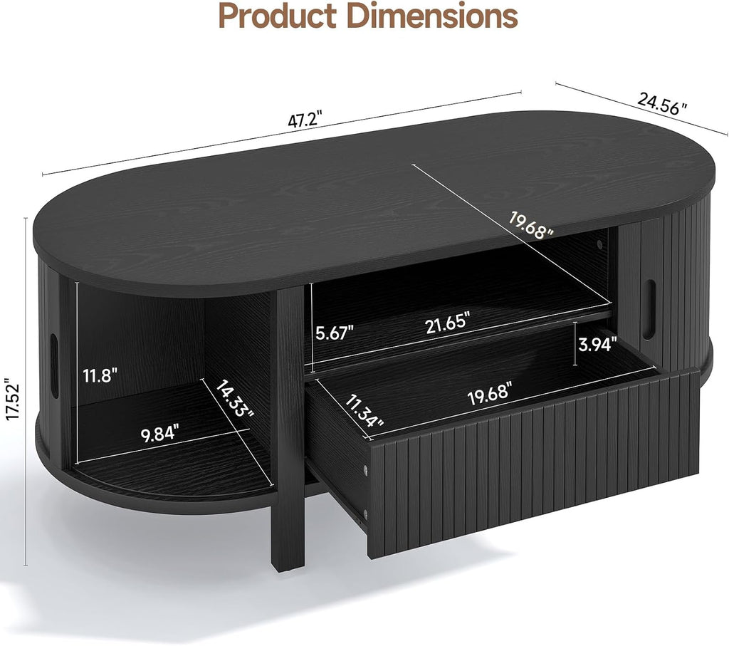 47.2' Fluted Coffee Table, Oval Coffee Table with 1 Drawer and 1 Open Shelf, Mid-Century Modern Center Tables with Storage and Sliding Doors, Coffee Tables for Living Room, Black