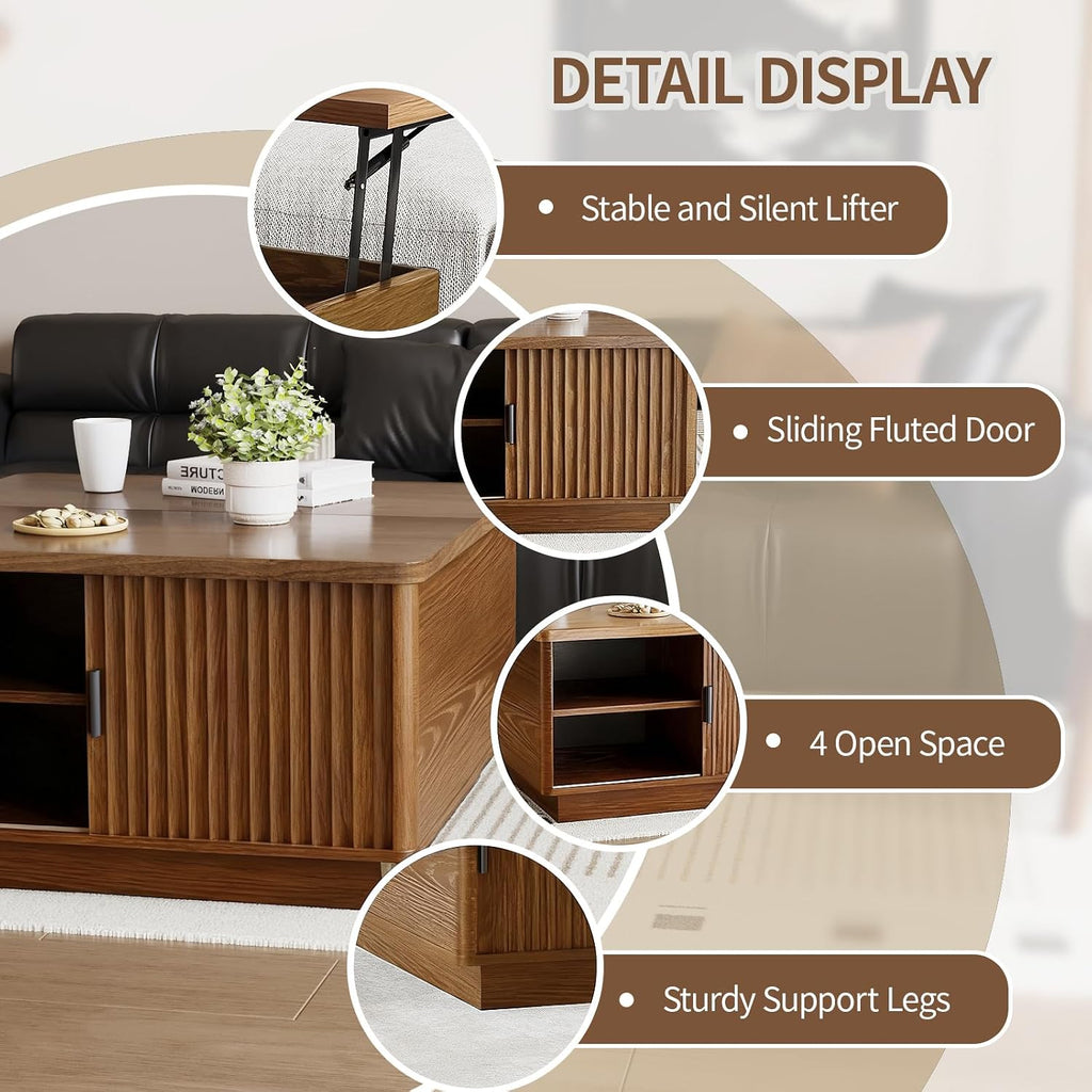 Lift Top Coffee Table with Storage, 31.5' Fluted Square Coffee Tables for Living Room, Home Office, Large Hidden Storage Compartment, Adjustable Shelves & Sliding Door (Walnut, Square)