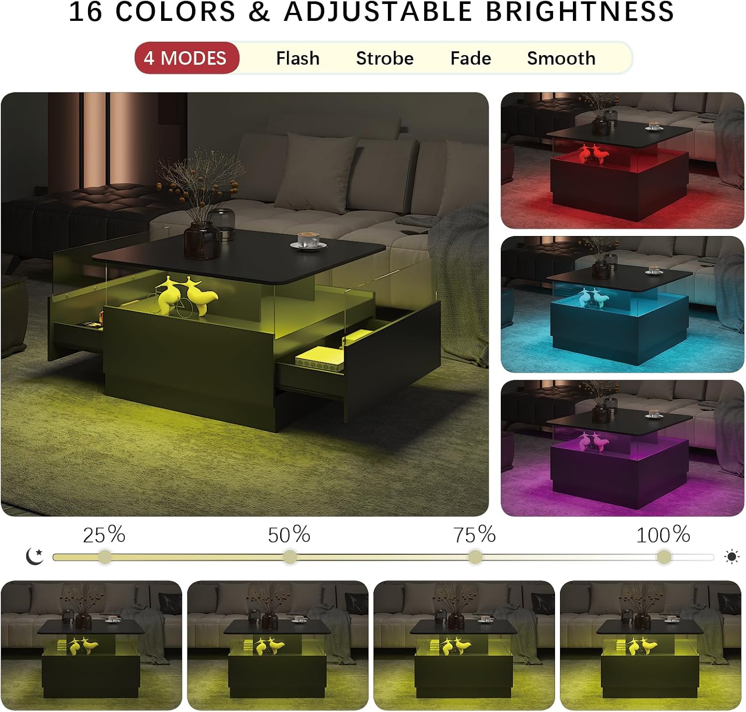 HedoAjim Square Coffee Tables with Storages, Modern Coffee Table for Living Room, Black Round Coffee Tables and 2 Spacious Drawers, Coffee Table with LED Light
