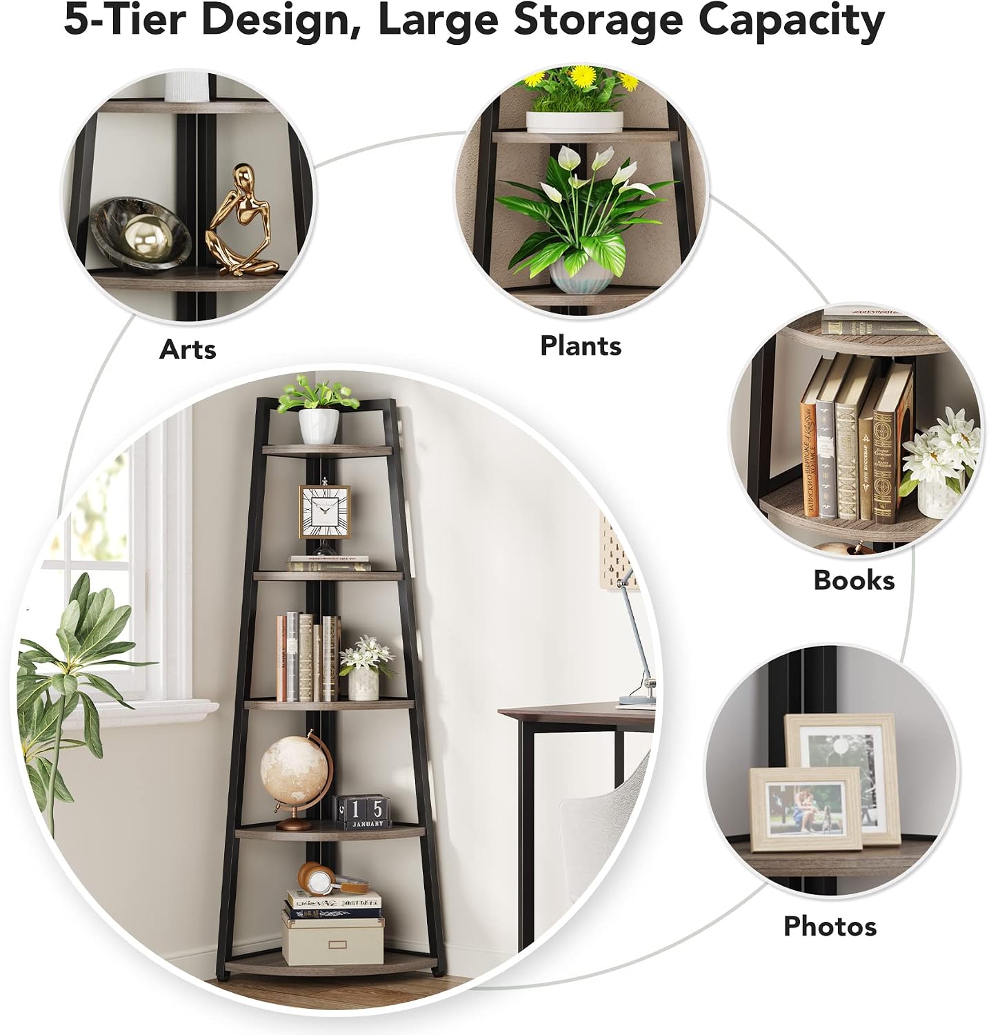 Tribesigns 70 inch Tall Corner Shelf, 5 Tier Industrial Corner Bookshelf Bookcase Industrial Corner Ladder Shelf Plant Stand for Living Room, Kitchen, Home Office (Grey)