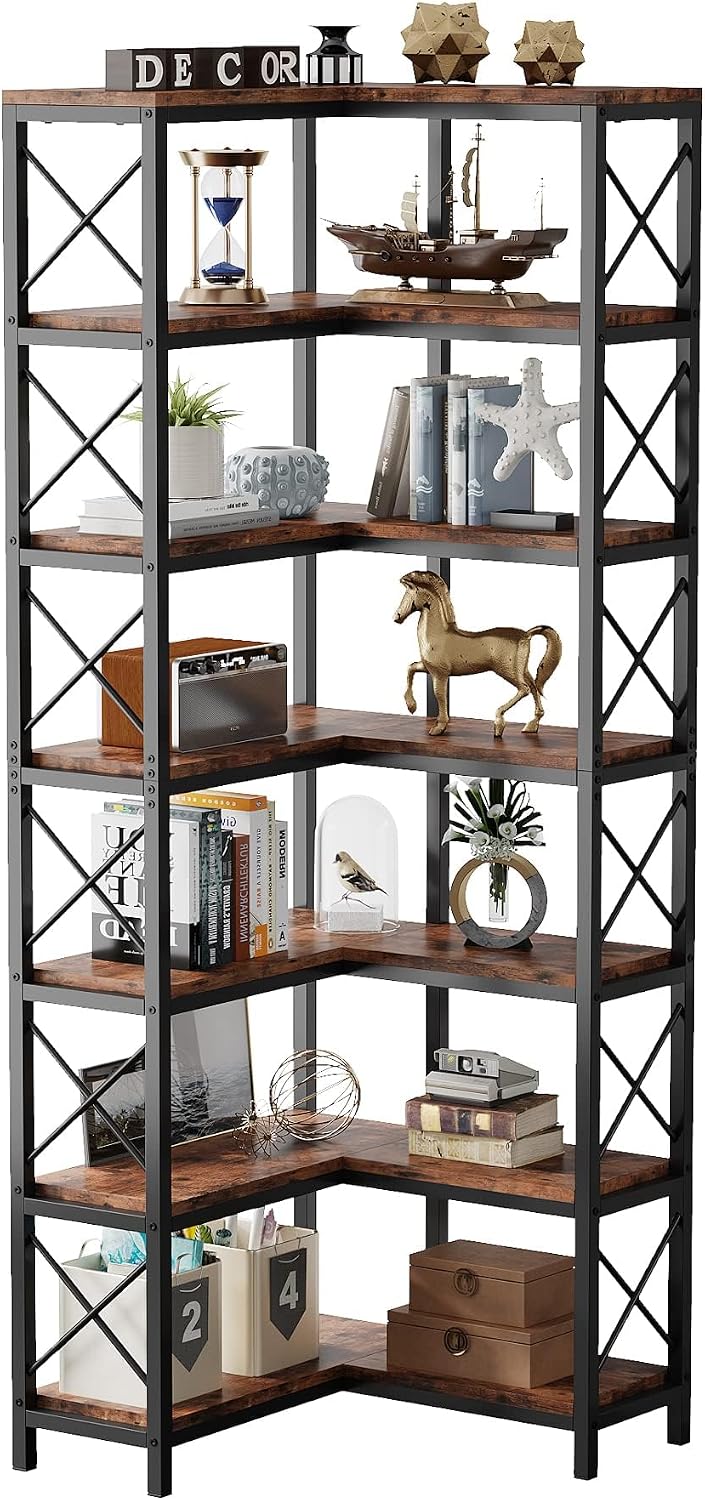 LITTLE TREE 7-Tier Tall Corner Book Shelf,Rustic Brown Corner Bookshelf, Modern Bookcase Metal Storage Shelves for Bedroom Living Room or Home Office