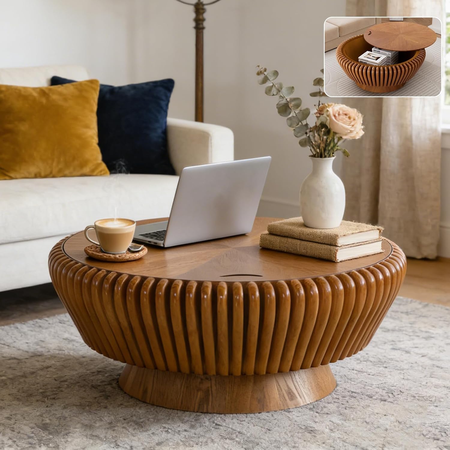 Round Coffee Table with Storage, 35.4' Modern Wooden Drum Coffee Table with Cover, Fluted Circle Center Table, Solid Wood Veneered, Accent Tea Table for Living Room Apartment Small Space (35.4 Brown)