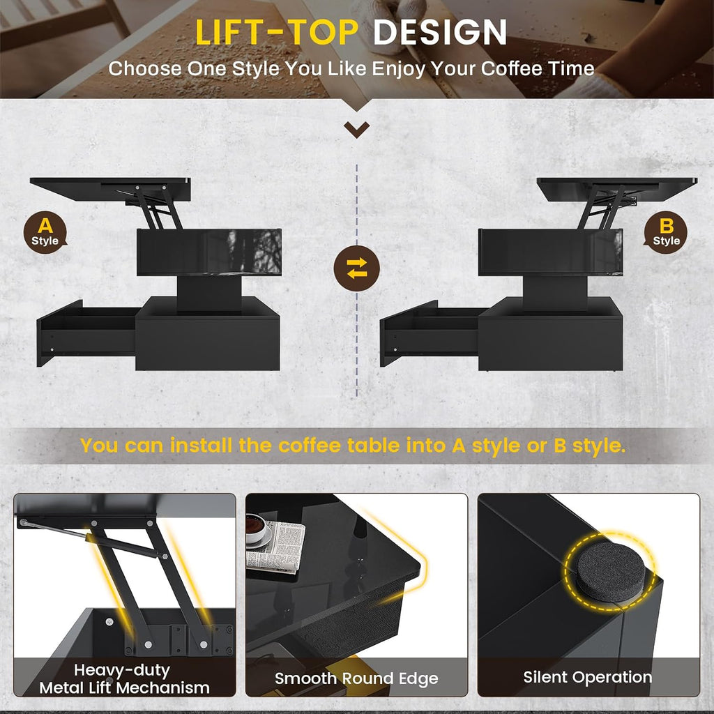 SEDETA 47.2' Lift Top Coffee Table, Coffee Tables with Storage for Living Room, 2 Drawers Coffee Table with Power Outlet & LED Light for Dining Reception Room, High Gloss Black