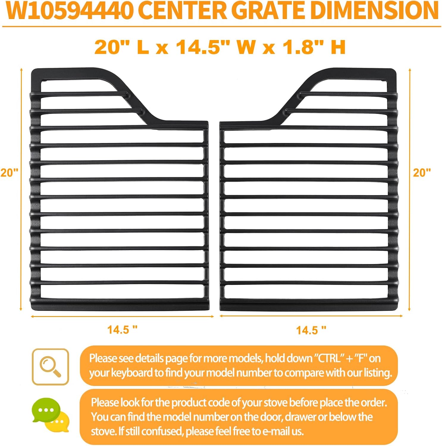 Atgestore W10594440 Burner Grate Replacement for Whirlpool Stove Parts Cast Iron Grate WCG55US0HS00 WCG51US0DS00 Whirlpool Amana Gas Range Part Surface Cooktop Stove Top Grate Kit Cookware Accessories