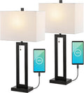 JONATHAN Y 28.5' Black Table Lamp Set of 2 with USB Port and Pull Chain, Modern Industrial Bedside Lamp for Living Room, Rectangular White Linen Shade, LED Bulb (JYL1126C-SET2)