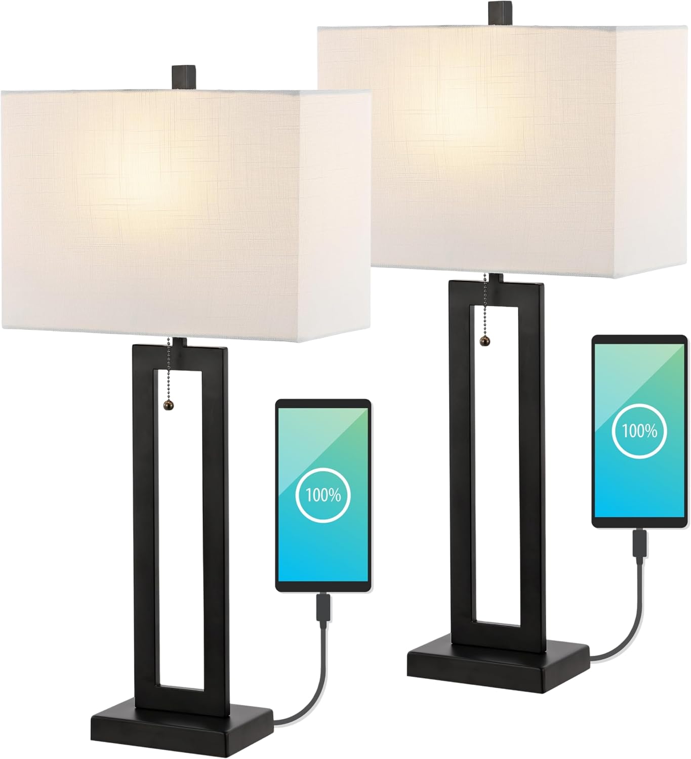 JONATHAN Y 28.5' Black Table Lamp Set of 2 with USB Port and Pull Chain, Modern Industrial Bedside Lamp for Living Room, Rectangular White Linen Shade, LED Bulb (JYL1126C-SET2)