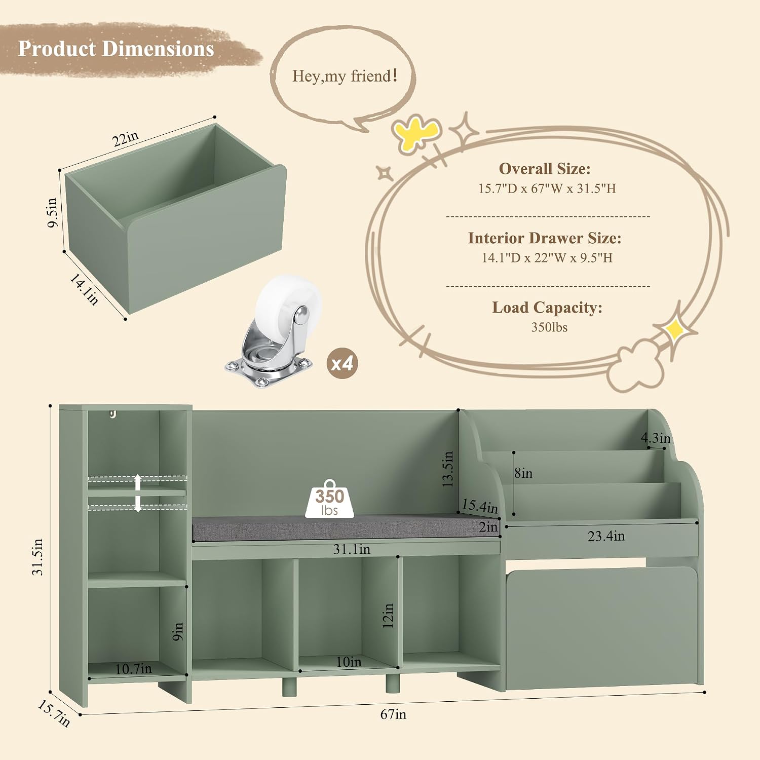 HOSTACK 67' W Kids Reading Nook with Toy Storage Organizer, Large Kids Bookshelf with Toy Storage Box on Wheels, Big Kid Bookcase with Bench and 6 Open Cubbies for Playroom, Kid Room, Green