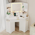 Corner Vanity Desk, Vanity Table with Lighted Mirror, Fluted Makeup Desk with Drawers and Cabinets, Corner Dressing Table with Charging Station for Bedroom, White