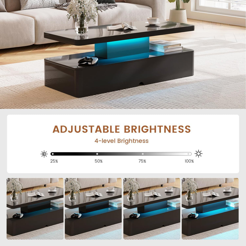 40' Modern Living Room Tables, LED Coffee Table with LED Lights, 2 Tier Rectangular Center Table with Large Storage, High Glossy Surface, Tea Table for Living Room, Black