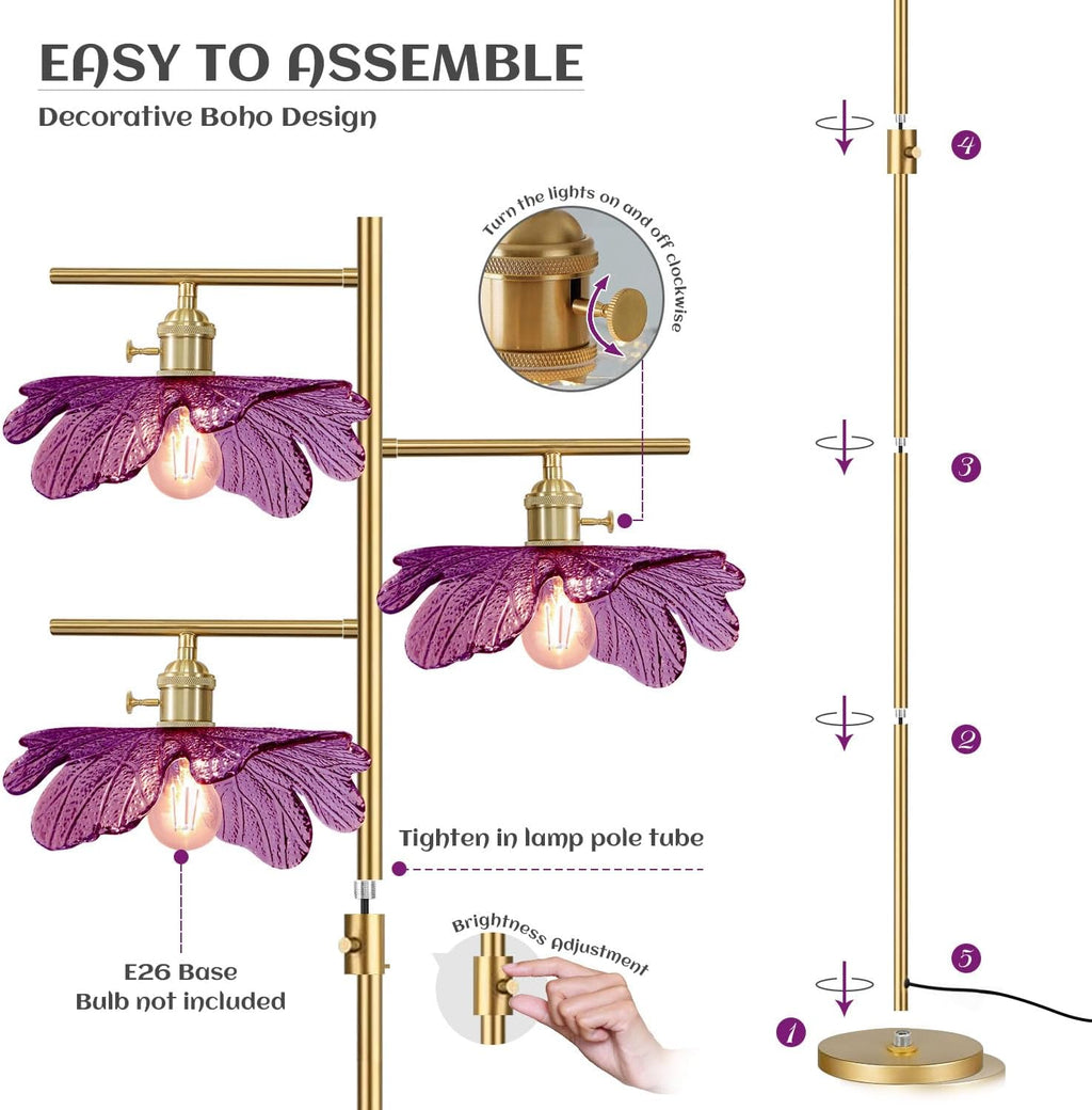 65' Gold Dimmable Floor Lamp, 3-Light Standing Lamp with Purple Flower Glass Shade, Vintage Tall Floor Lamp for Living Room Bedroom Corner Study Office Home