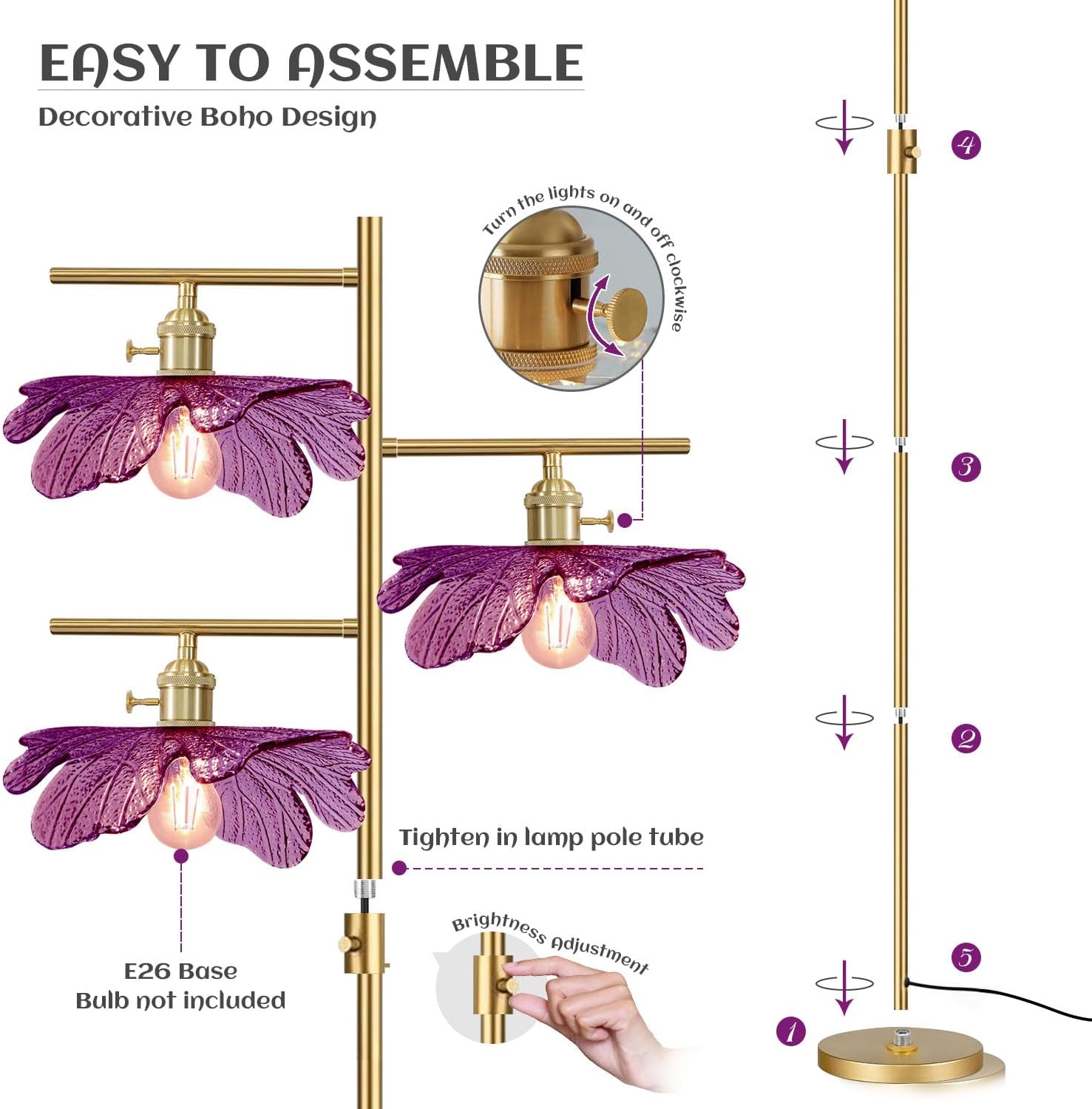 65' Gold Dimmable Floor Lamp, 3-Light Standing Lamp with Purple Flower Glass Shade, Vintage Tall Floor Lamp for Living Room Bedroom Corner Study Office Home