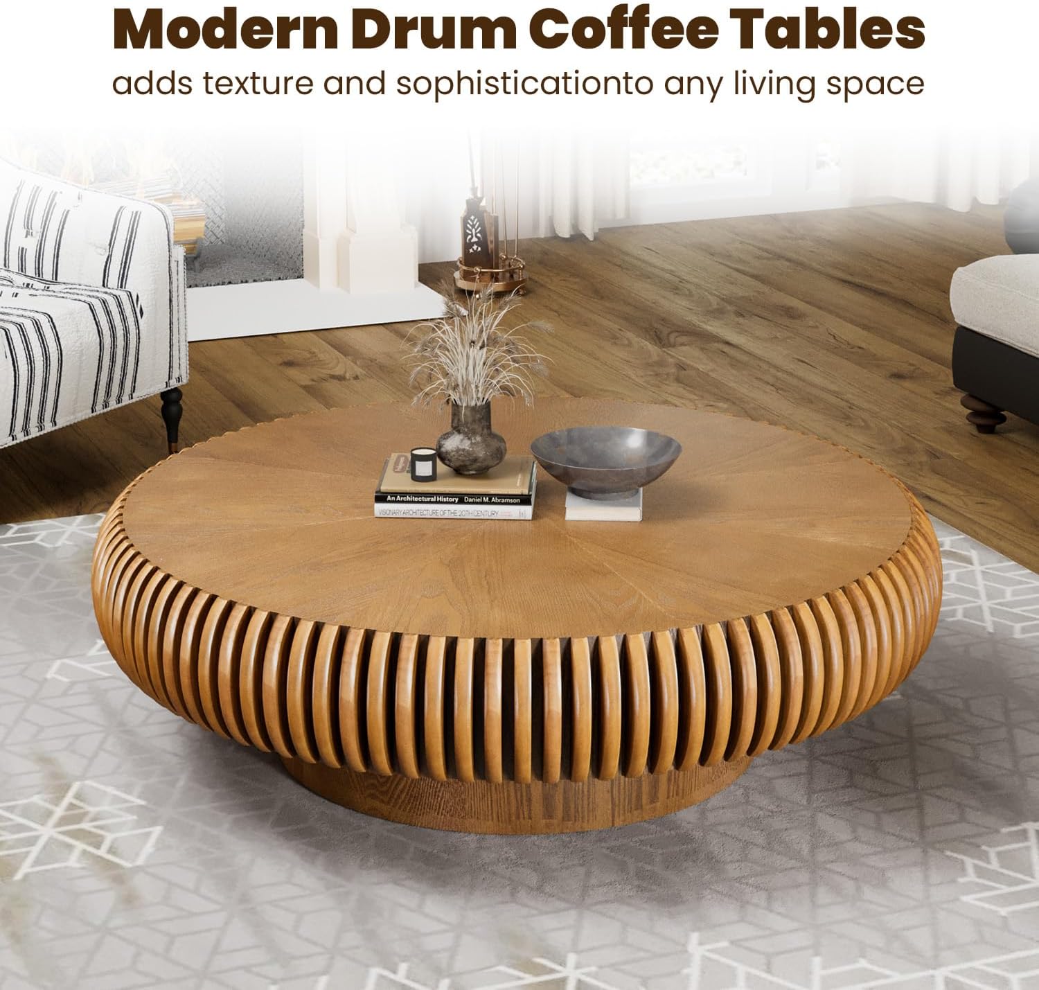 39.3' Drum Coffee Table Modern Unique Fluted Tea Table Contemporary Wood Round Coffee Table with Fluted Centry Table for Living Room Walnut (39.3' Brown)