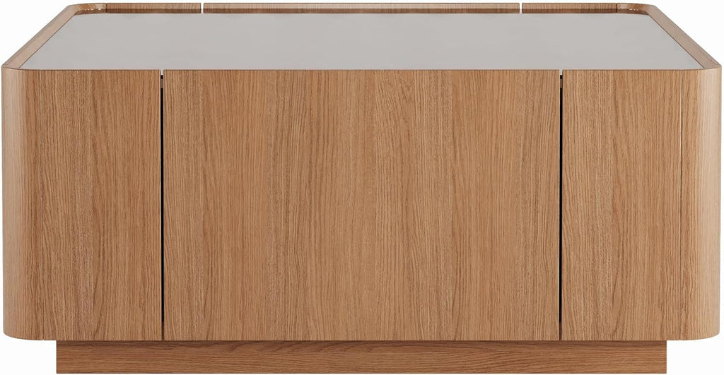 SSLine 31.5' Square Coffee Table with 2 Storage Drawers & Tempered Glass Top, Modern Wooden Center Table with Diamond Texture, Walnut for Living Room