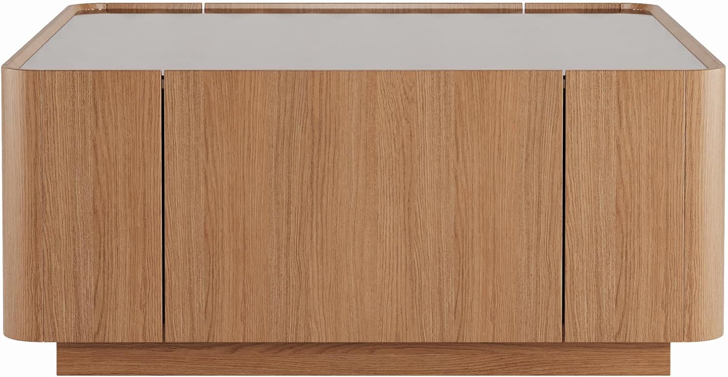 SSLine 31.5' Square Coffee Table with 2 Storage Drawers & Tempered Glass Top, Modern Wooden Center Table with Diamond Texture, Walnut for Living Room