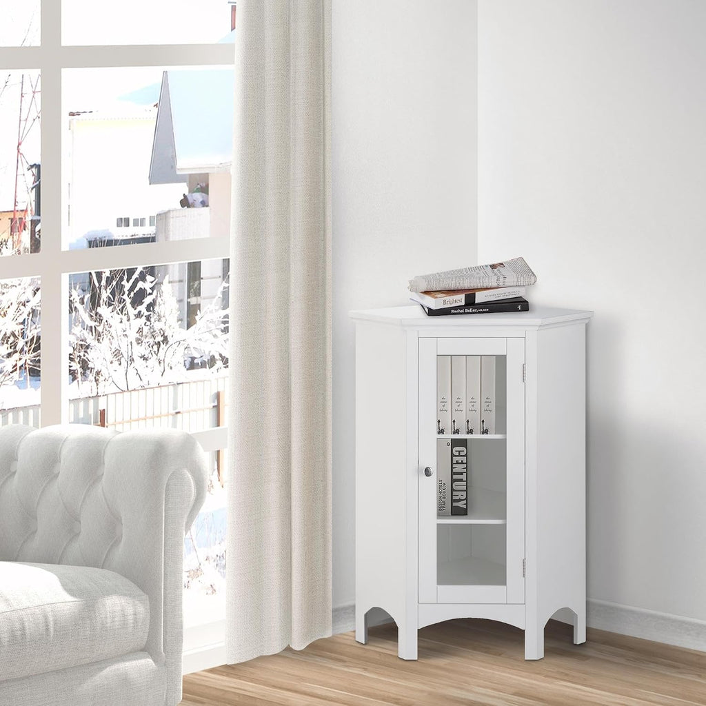 Teamson Home Madison Bathroom Corner Floor Cabinet, Freestanding Narrow Storage Corner Cabinet with Tempered Glass Panel and Adjustable Shelves, White