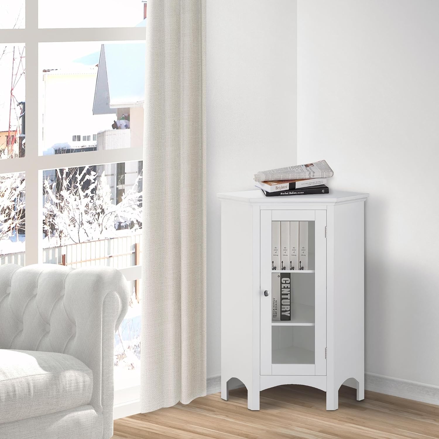 Teamson Home Madison Bathroom Corner Floor Cabinet, Freestanding Narrow Storage Corner Cabinet with Tempered Glass Panel and Adjustable Shelves, White