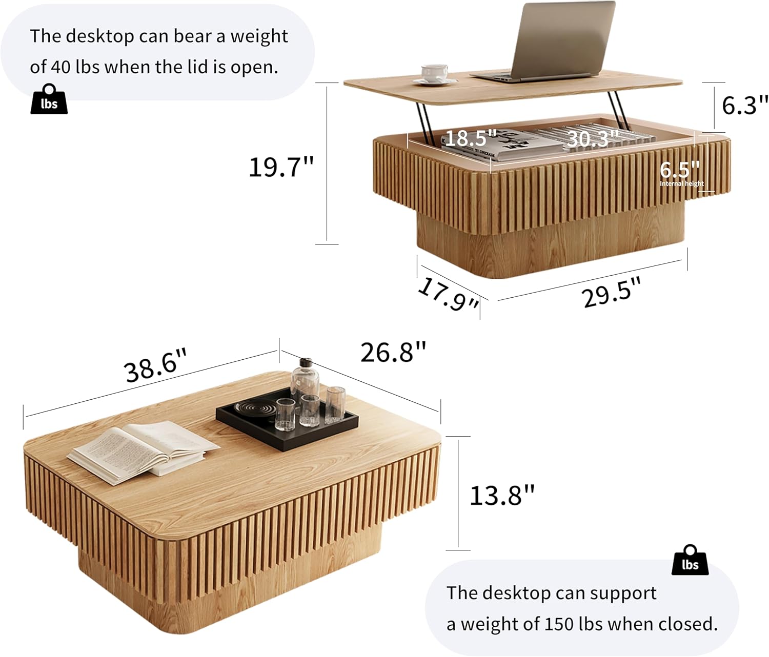 38.6'' Lift-top Coffee Table Solid Wood Veneered Center Table Rectangular Fluted Table with Storage and Adjustable Height for Living Room Apartment Office, Oak