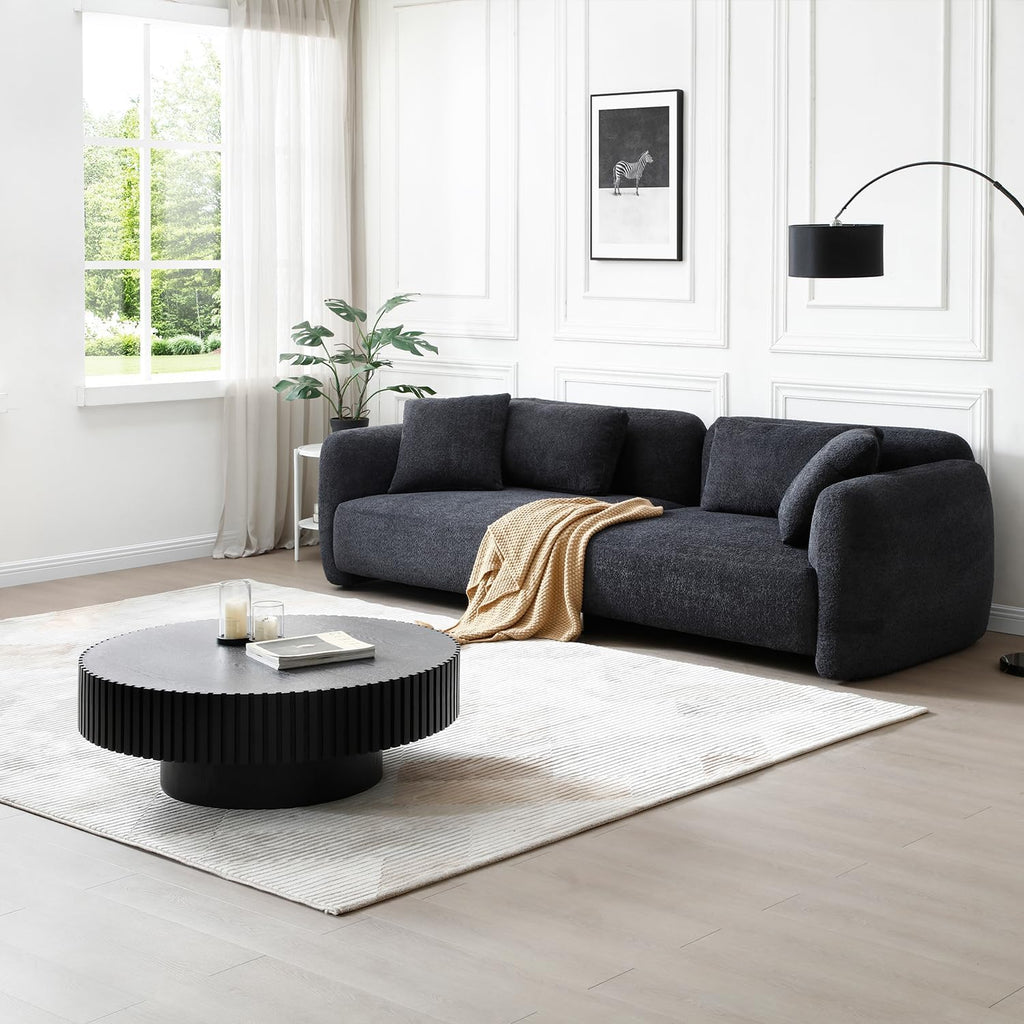 31.49'' Black Round Coffee Table Modern Wood Coffee Table for Living Room, Contemporary Circle Fluted Drum Style, Easy Assembly, Black (ø31.49'' x 13.77'')