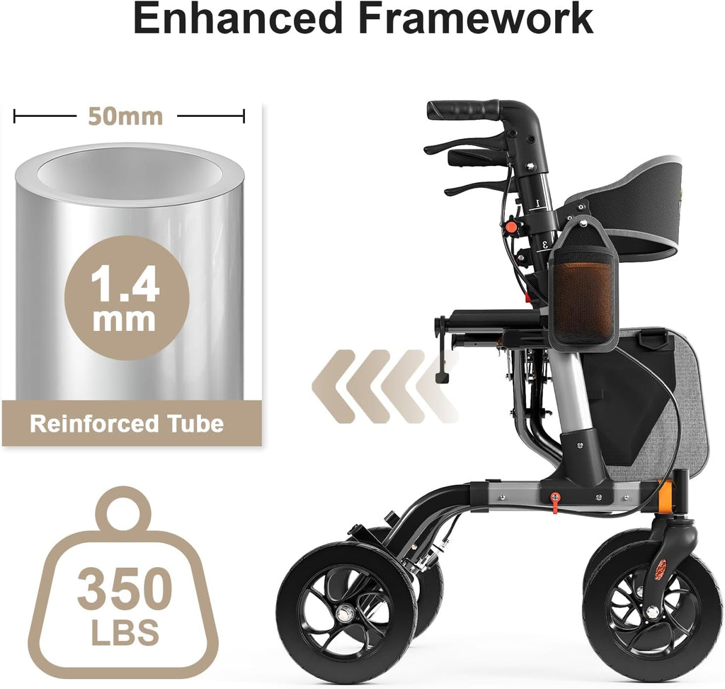 Walkers for Seniors, Rollator Walker with Seat, 350 lb Weight Capacity, 18' Big Seat, 8' All-Terrain Wheels, 6-Level Adjustable Height, Lightweight Aluminum Frame Rollator Walkers for Seniors (Silver)