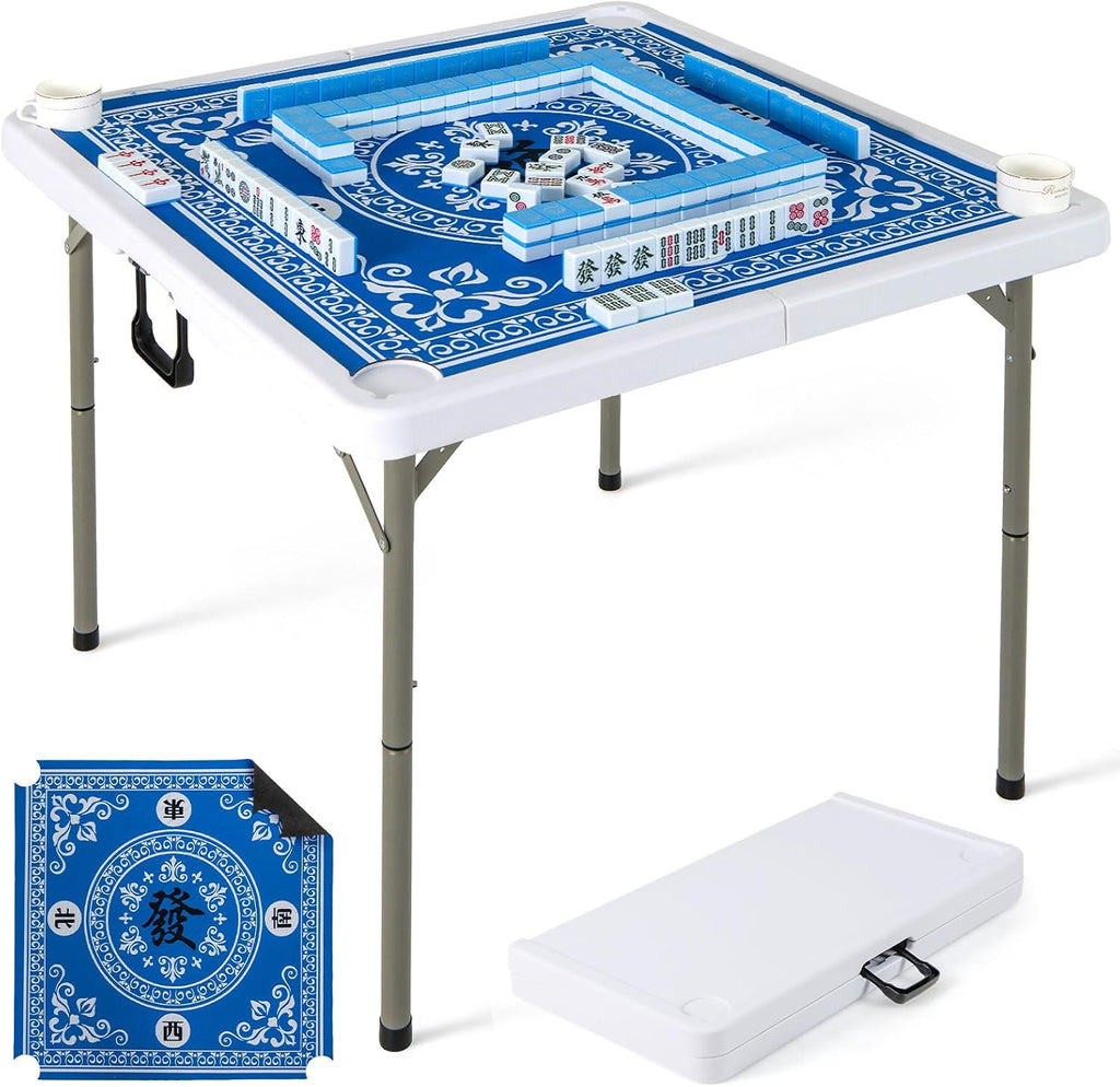 Goplus Mahjong Table, 35' Square Folding Card Table w/4Cup Holders, Anti Slip Mat, HDPE Tabletop, Metal Legs, Portable Mahjong Game Table for Domino Game, Picnic (Ocean Blue, Table w/Removable Mat)