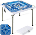 Goplus Mahjong Table, 35' Square Folding Card Table w/4Cup Holders, Anti Slip Mat, HDPE Tabletop, Metal Legs, Portable Mahjong Game Table for Domino Game, Picnic (Ocean Blue, Table w/Removable Mat)
