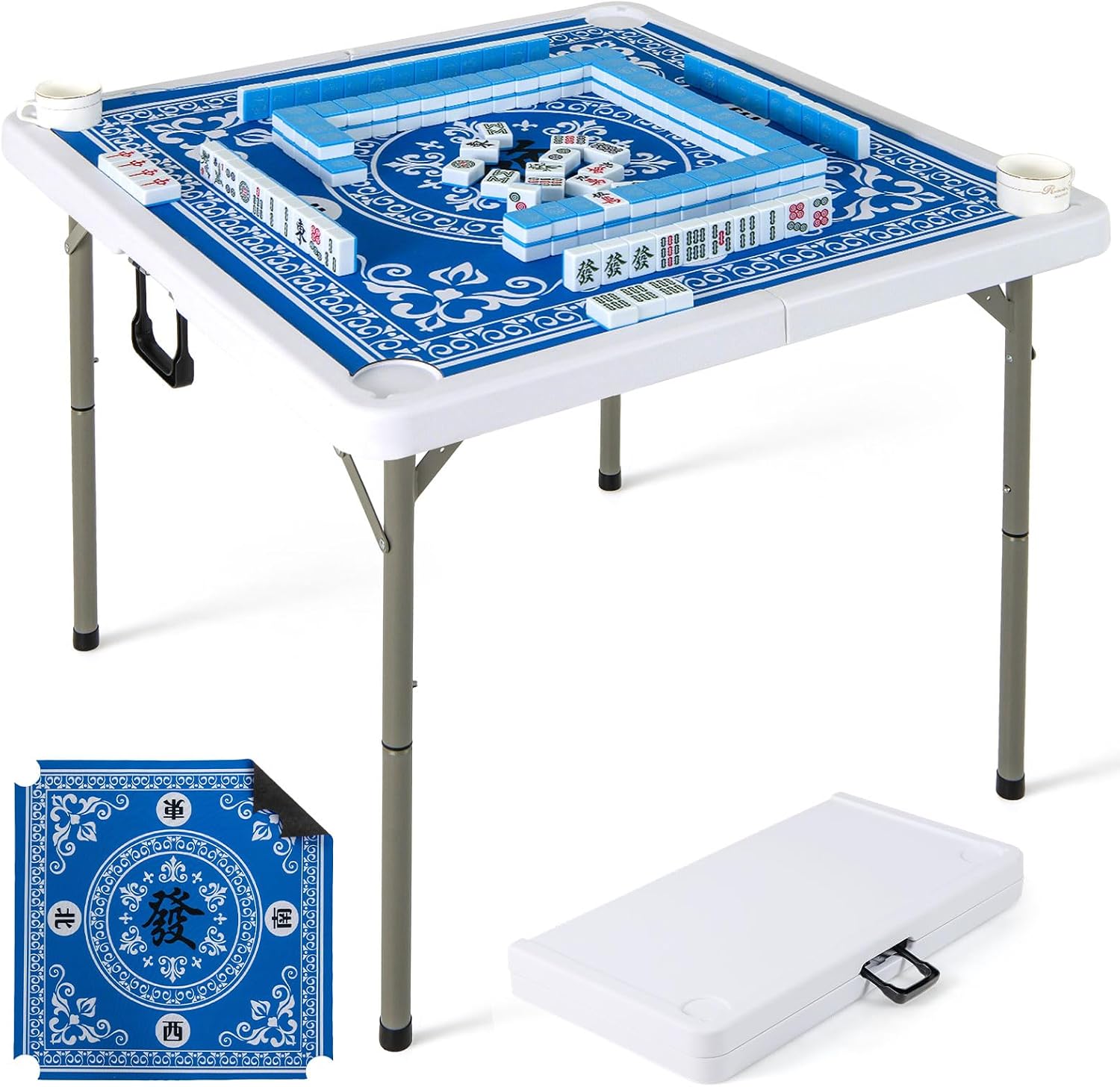 Goplus Mahjong Table, 35' Square Folding Card Table w/4Cup Holders, Anti Slip Mat, HDPE Tabletop, Metal Legs, Portable Mahjong Game Table for Domino Game, Picnic (Ocean Blue, Table w/Removable Mat)