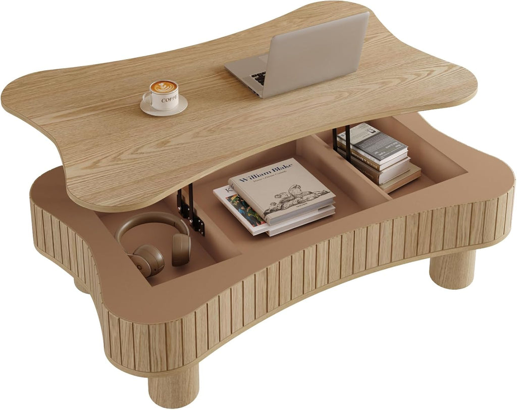 42' Cloud Fluted Lift Top Coffee Table with Hidden & Open Storage, Modern Center Table with Hydraulic Raising Mechanism, Irregular Shape Tea Table with Curved Safety Corners, Natural