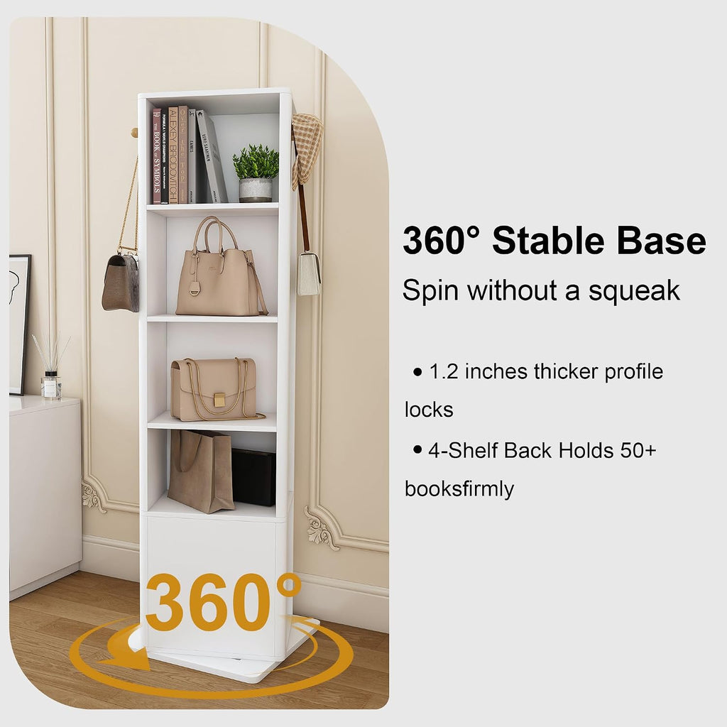 360° Rotating Makeup Storage Cabinet with Full-Length Mirror, Jewelry Armoire Organizer, Freestanding Bookshelf Tower, Coat Hook Stand, Hidden Shelves, Space-Saving Bedroom Furniture (White)