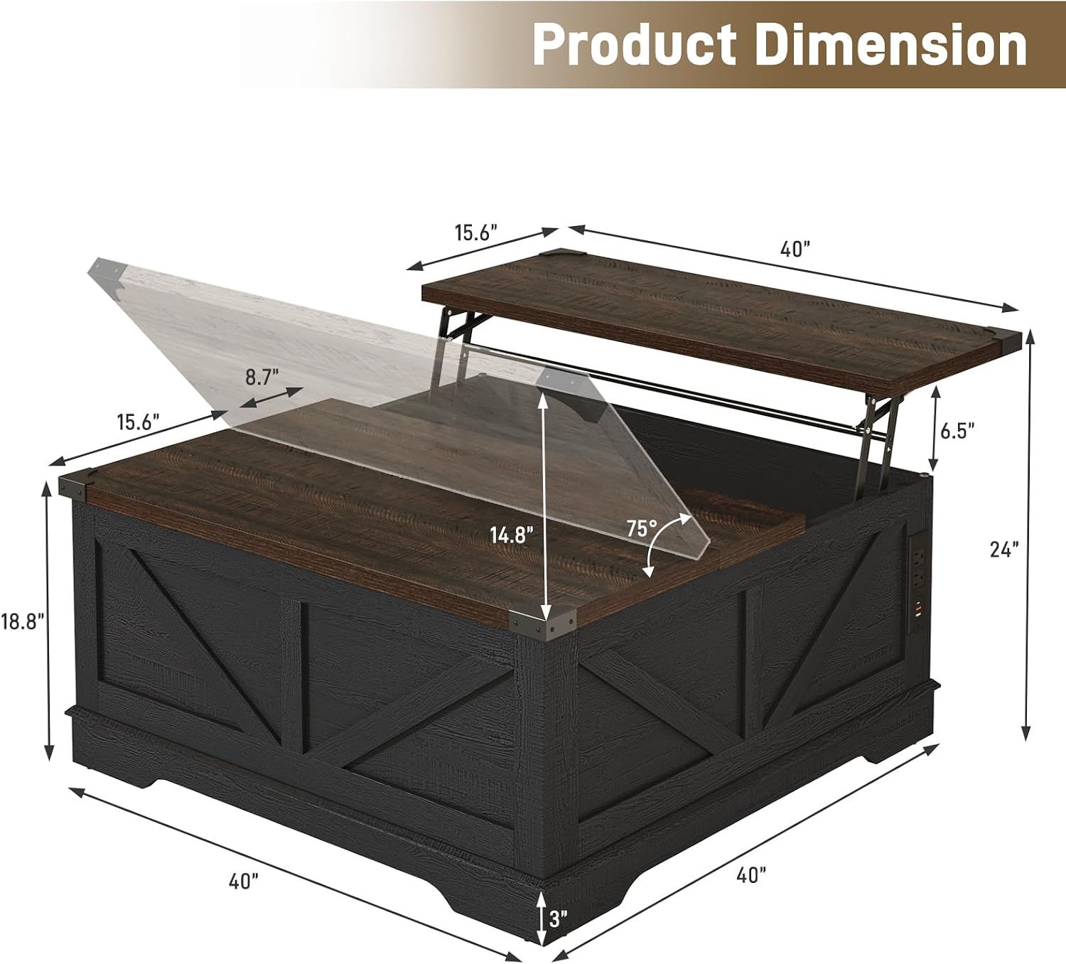 Hlivelood 40' Large Farmhouse Lift Top Coffee Table with Power Outlets and Large Hidden Storage, Square Wood Living Room Tables, Multi-Function Lift Wooden Barn Door Center Table, Black