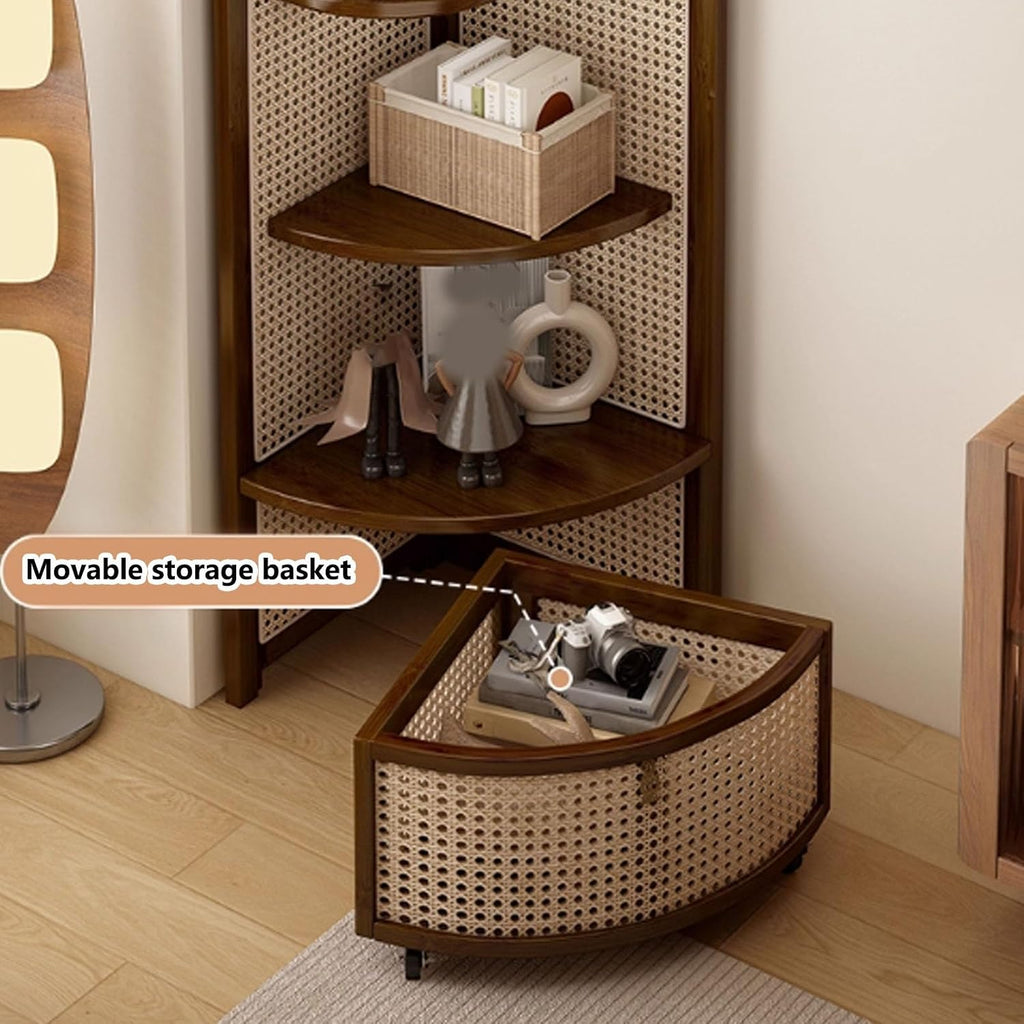 5-Tier Corner Shelf, Multi-Functional Rattan Triangle Bookshelf with Storage Basket, Solid Wood Floor Standing Cabinet for Living Room, Bedroom, Office(Brown)