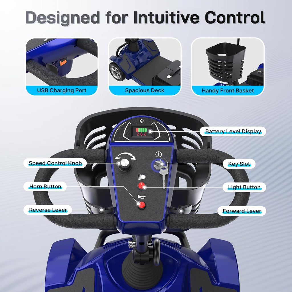Hoverfly T4 Mobility Scooter for Seniors, Max 12.4-Mile Range & 3.7 mph, 3-Position Seat & Anti-slip Rear Wheel, Removed Battery&Quick Fold Design, Solid 9' Tire&330 lb Capacity, Ease of Assembly Blue