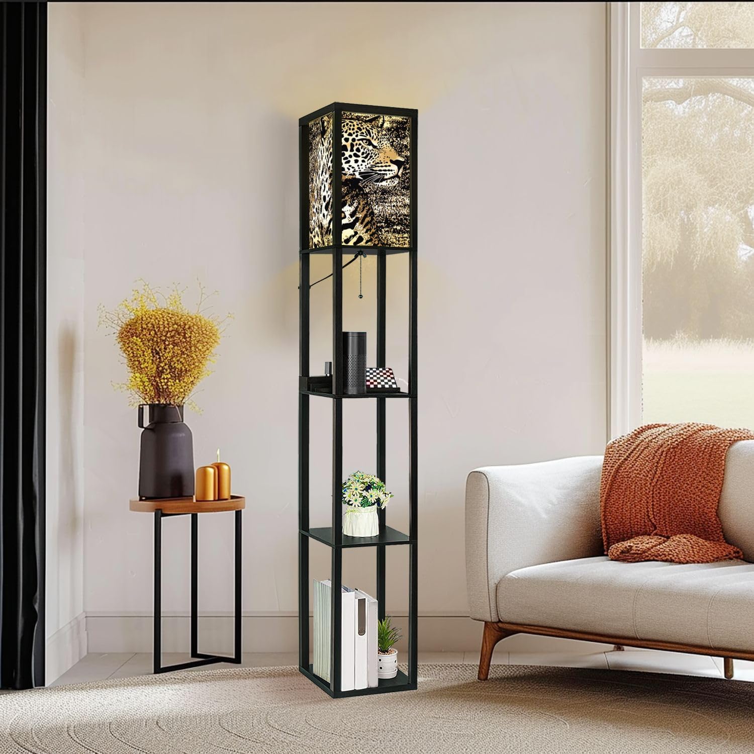 Floor Lamp with Shelves Modern Leopard Animal Zebra Print Leopard Standing Tall Lamp USB Ports & Power Outlet Modern Corner Lamp Nightstand Light for Living Room Bedroom