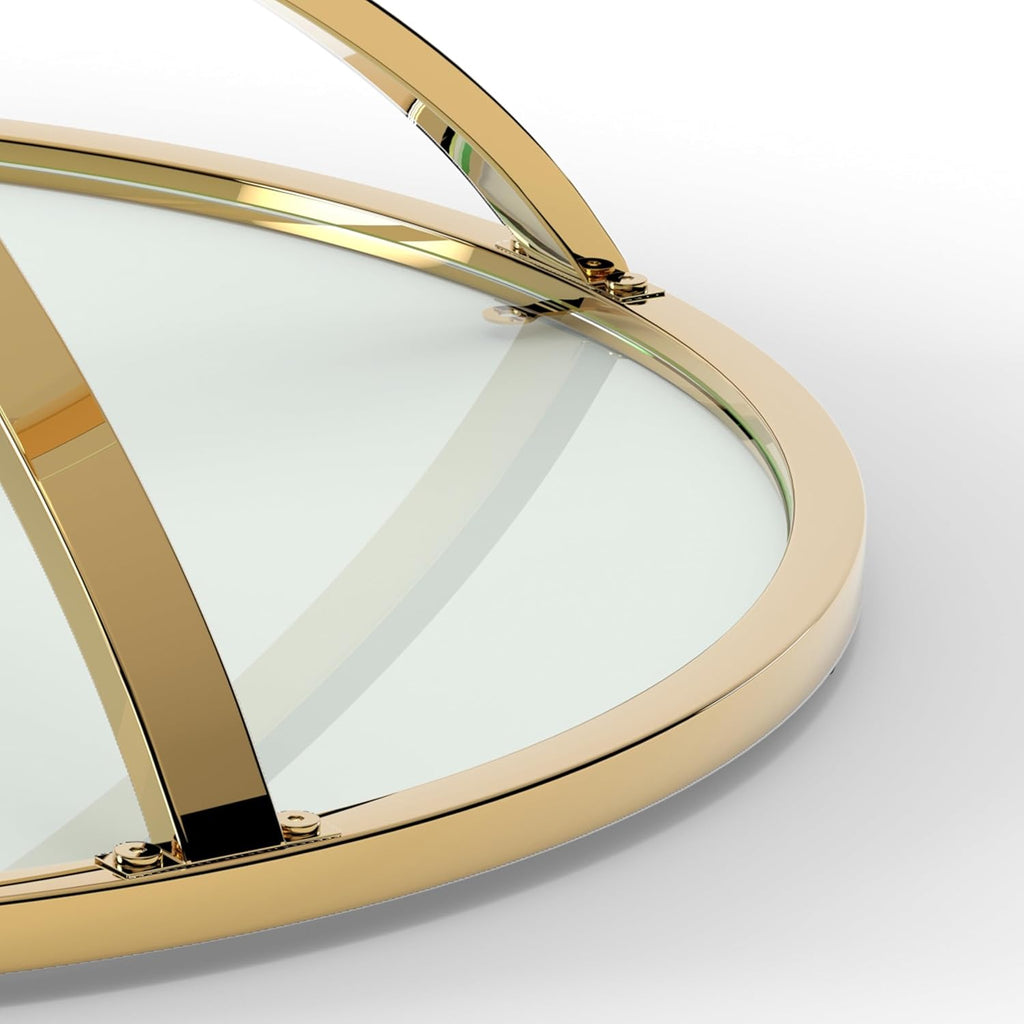 JIJIWANG 2 Tier Glass Round Coffee Table with Metal Frame and Clear Tempered Glass, 31.50'' Center Table with Ring-Shaped Frames for Living Room, Bedroom, Office, Gold