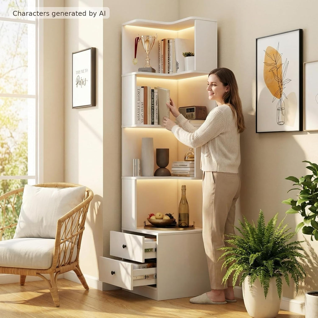 4 Tier Corner Bookshelf with Drawers, L Shaped Freestanding Corner Bookcase with LED Lights and Baffle, Space Saving Display Shelf for Living Room, Bedroom, Home Office, Kitchen(White)
