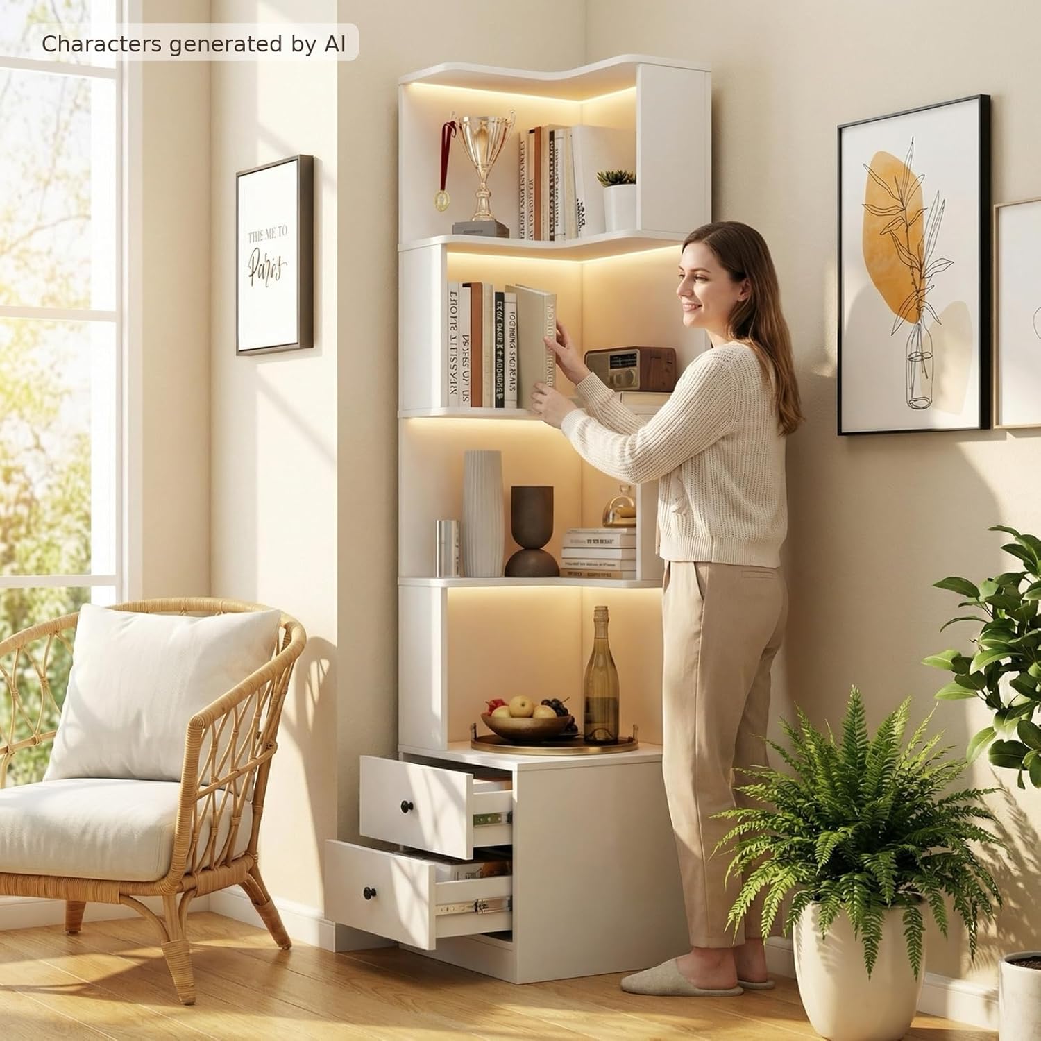 4 Tier Corner Bookshelf with Drawers, L Shaped Freestanding Corner Bookcase with LED Lights and Baffle, Space Saving Display Shelf for Living Room, Bedroom, Home Office, Kitchen(White)
