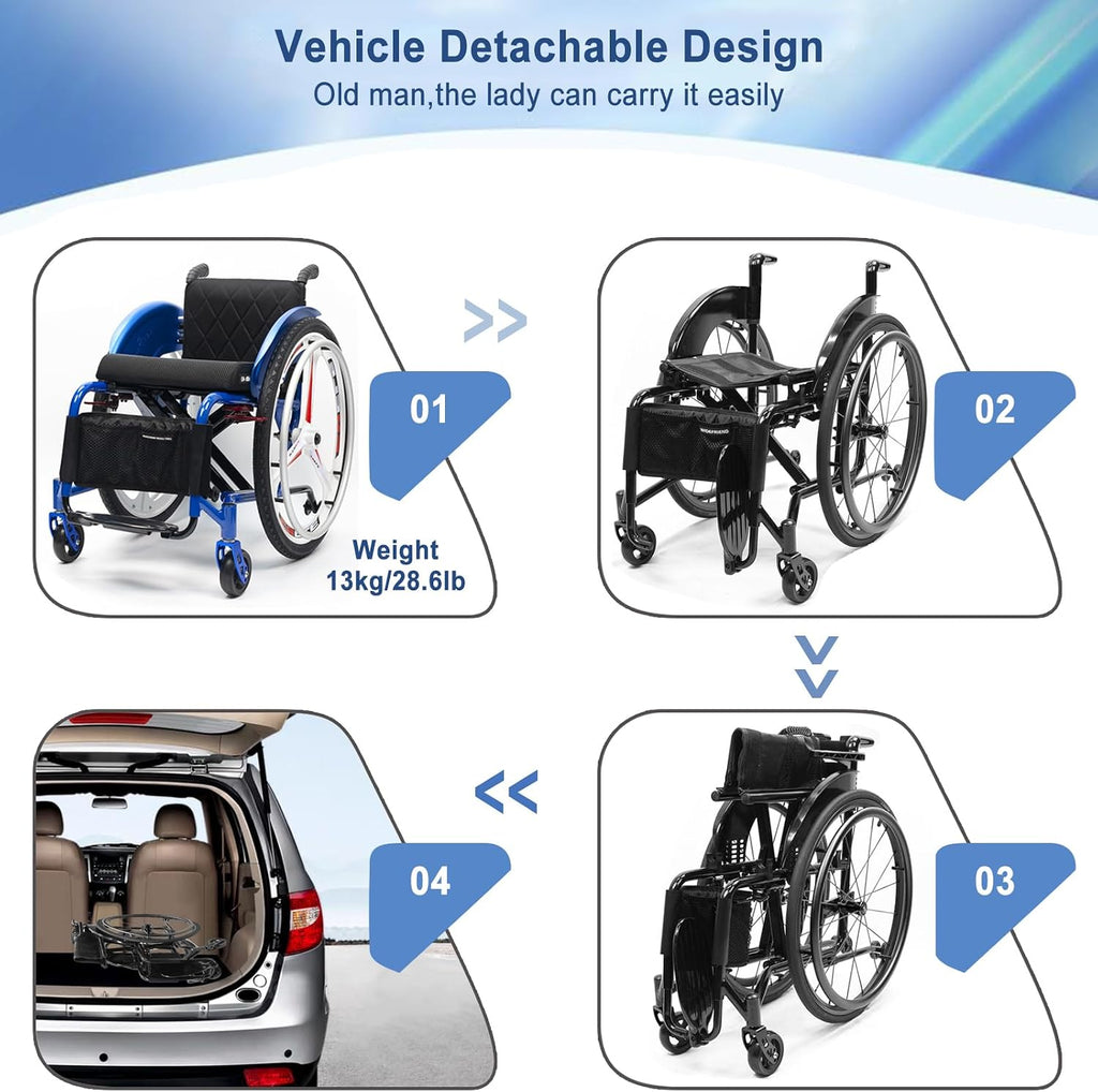 Lightweight Aluminum Alloy Wheelchair,Sports Wheelchair,Self-propelled Portable Manual Wheel Chair,Folding Transport Wheelchair,with Handbrakes and Quick Release Rear Wheels(Hard Backrest,38c/15in)