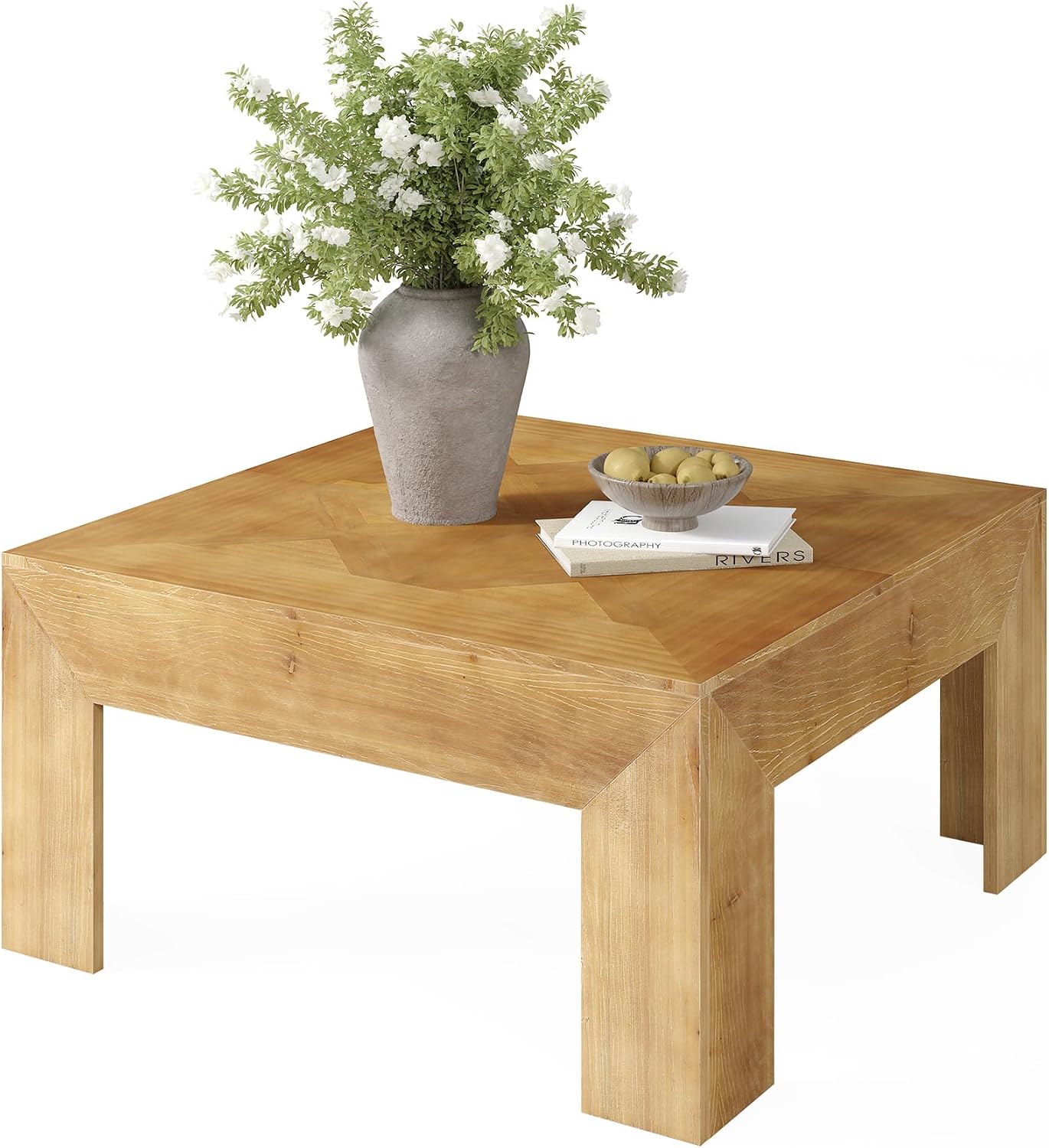 LITTLE TREE 39.4' Solid Wood Coffee Table, Square Coffee Table with Intricate Inlaid Top & Sturdy Legs, Rustic Center Tables for Living Room, Easy Assembly, Brown, 39.4' L x 39.4' W x 19.7' H