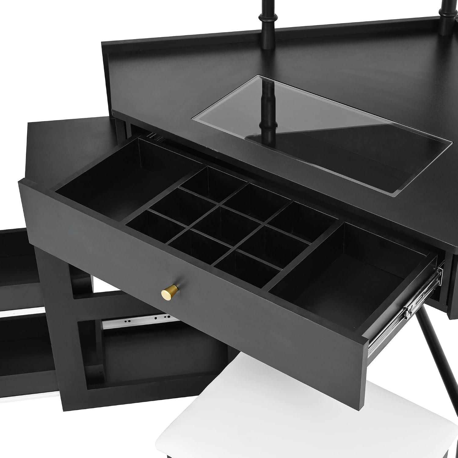 Corner Vanity Desk, Modern Makeup Vanity with 1 Drawers & Storage Stool Bedroom, with Adjustable Cabinet Open Shelves Drawer for Women (Black-1)