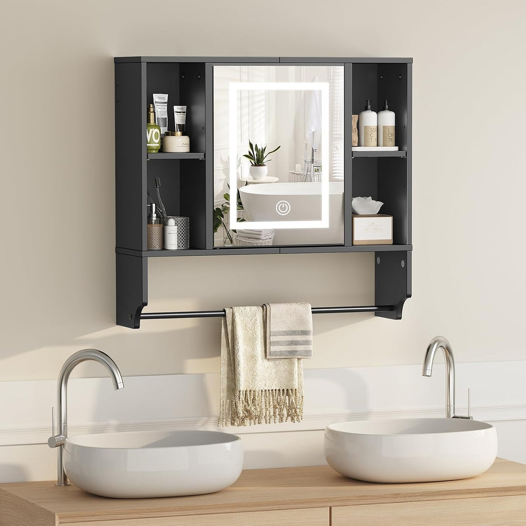 MAHANCRIS Bathroom Wall Cabinet with Mirror and Farmhouse Medicine Cabinets with Sliding Door Bundle, Wall Mounted Storage Cabinet with Adjustable Shelf and Towel Bar for Bathroom Black, WC2201-WC3601
