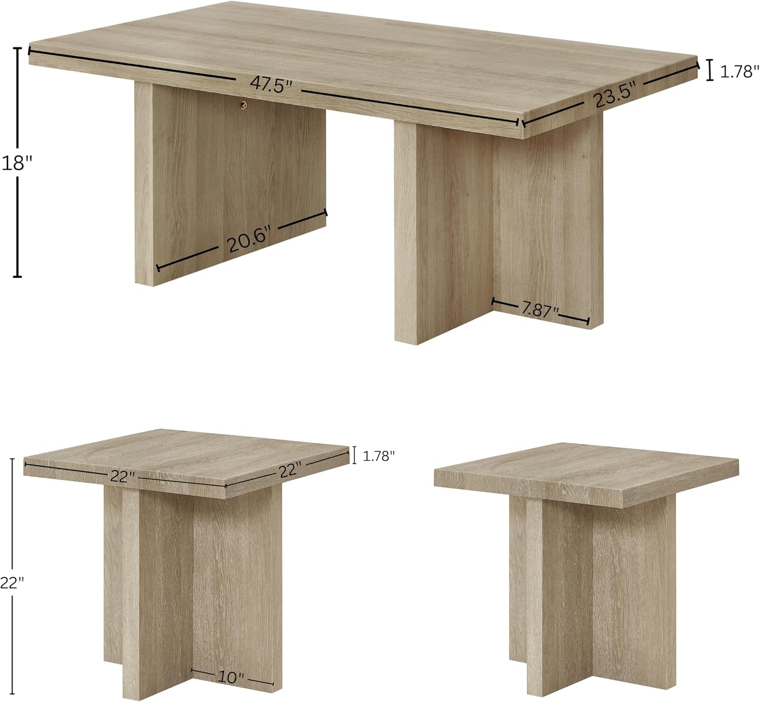Roundhill Furniture Mchome 3-Piece Coffee Table Set, Coffee Table and Two End Tables, Oak Finish